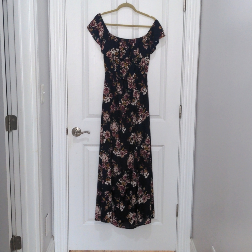 Floral off the shoulder dress with side slits and ruffle neckline